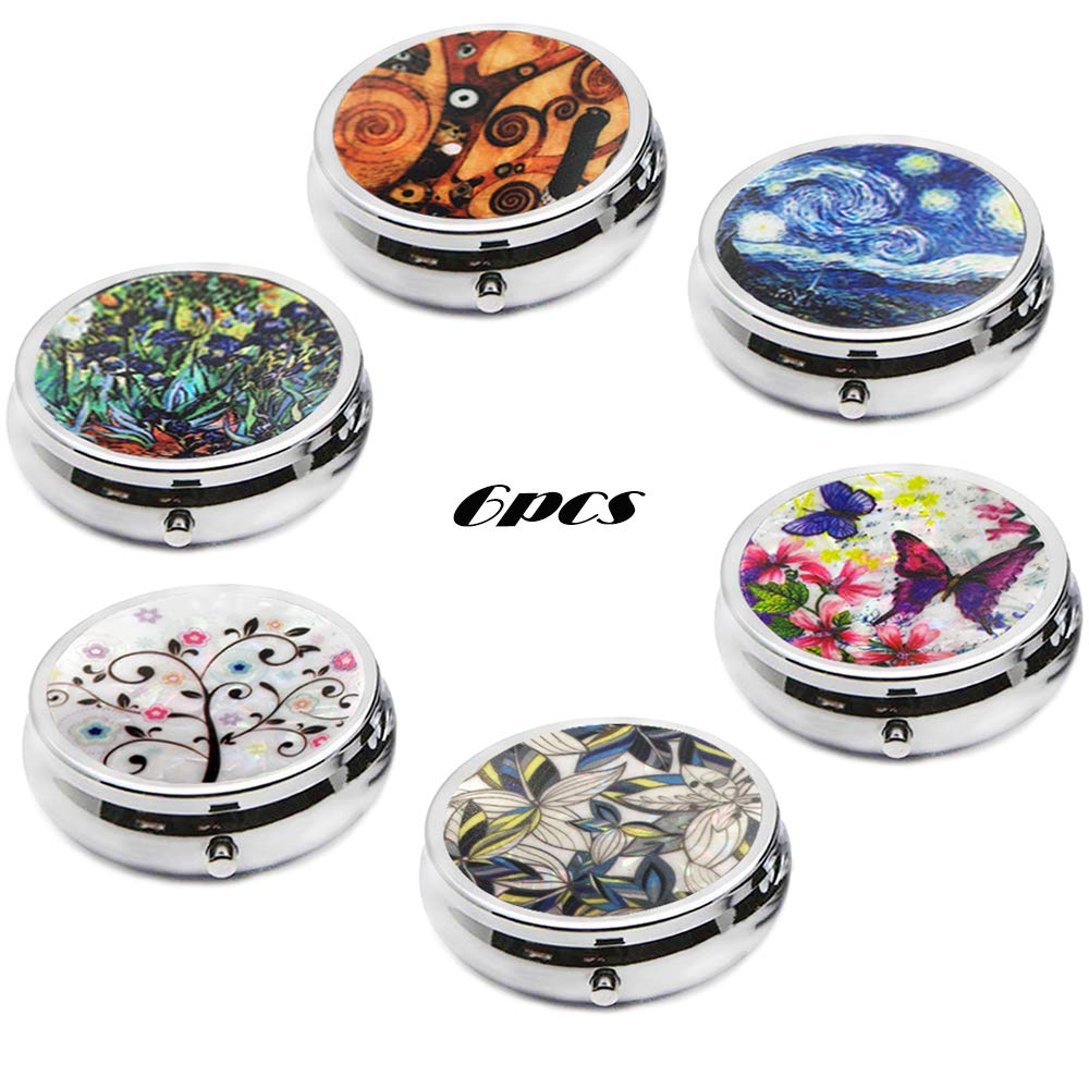 6Pcs Exquisite Round Metal Pill Box Case, AUHOTA Portable Medicine Tablet Organizer with 3 Components, Cute Vitamin Holder Container Organizer for Pocket Purse Travel Gift (45mm, 6 Styles)