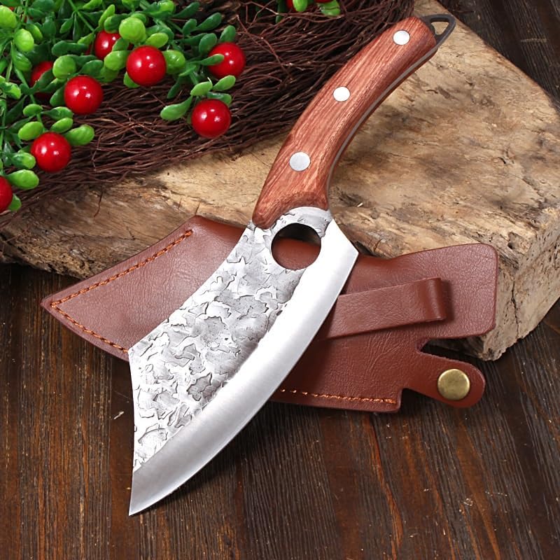 Meat Cleaver,Cleaver Knife Forged Finger Ring Small Kitchen Knife Boning Knife Wooden Handle High Carbon Steel Home And Outdoor Fish Killing Slaughter Knife