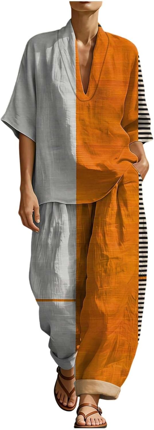 Women's Casual Cozy Minimalist Linen Outfits 2 Piece Set V Neck Short Sleeve Shirts + Wide Leg Pants Relaxed Fit