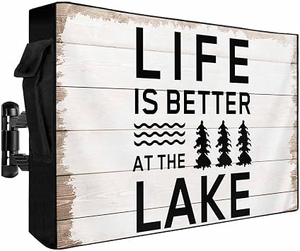 Quotes Summer Outdoor TV Cover Waterproof Weatherproof 52 to 55 Inch, Lake Bushes Vintage Wood Grain Lake Outside TV Covers with Zipper Flap, TV Screen Protectors for LCD OLED Television
