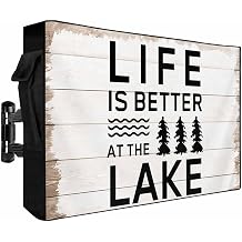 Quotes Summer Outdoor TV Cover Waterproof Weatherproof 52 to 55 Inch, Lake Bushes Vintage Wood Grain Lake Outside TV Covers with Zipper Flap, TV Screen Protectors for LCD OLED Television