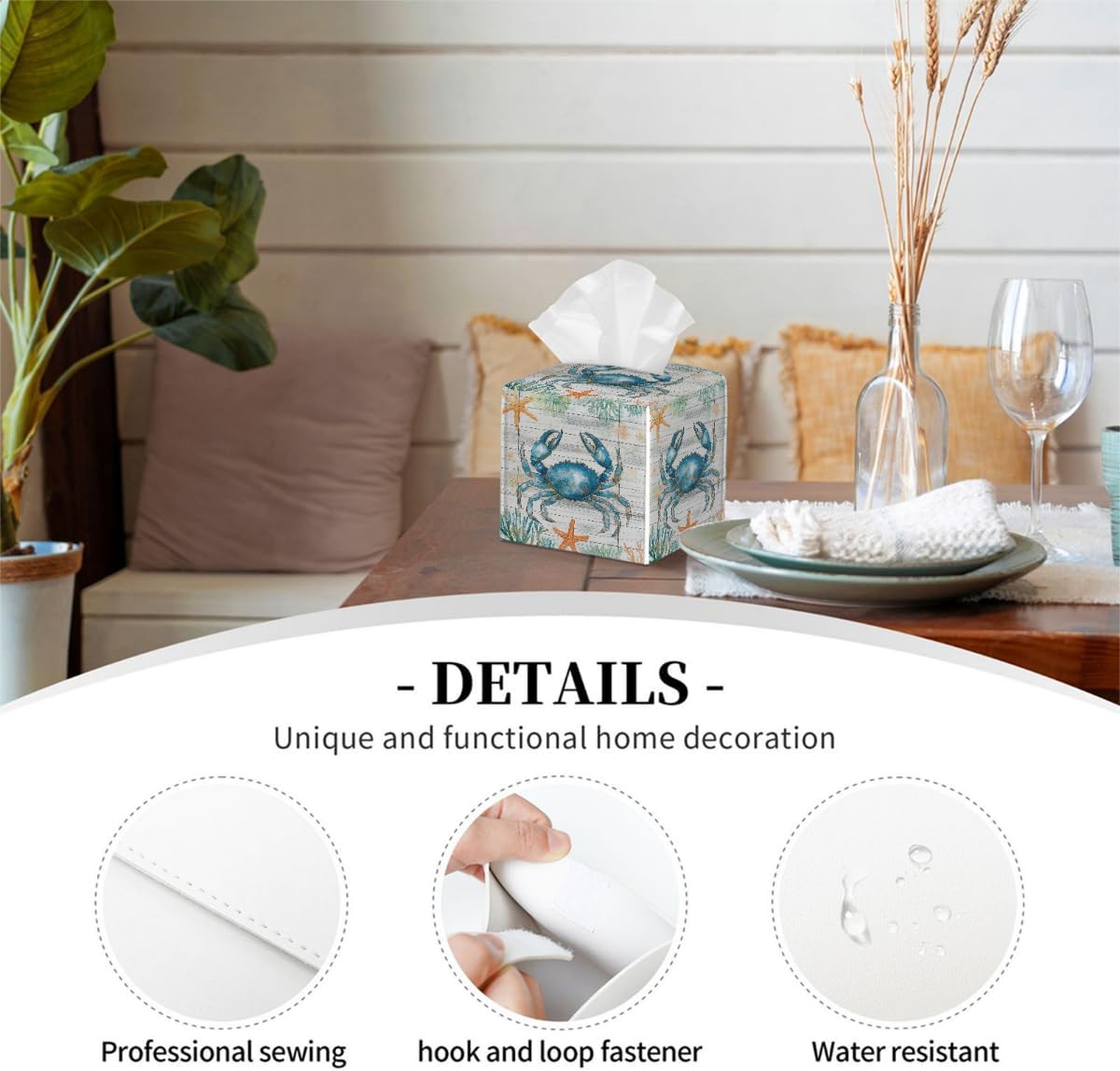 Tissue Box Cover PU Leather Square Tissues Holder Ocean Blue Crab On Wooden Decorative Facial Paper Organizer Dispenser for Bedroom Bathroom Vanity,Home Office Car image 3