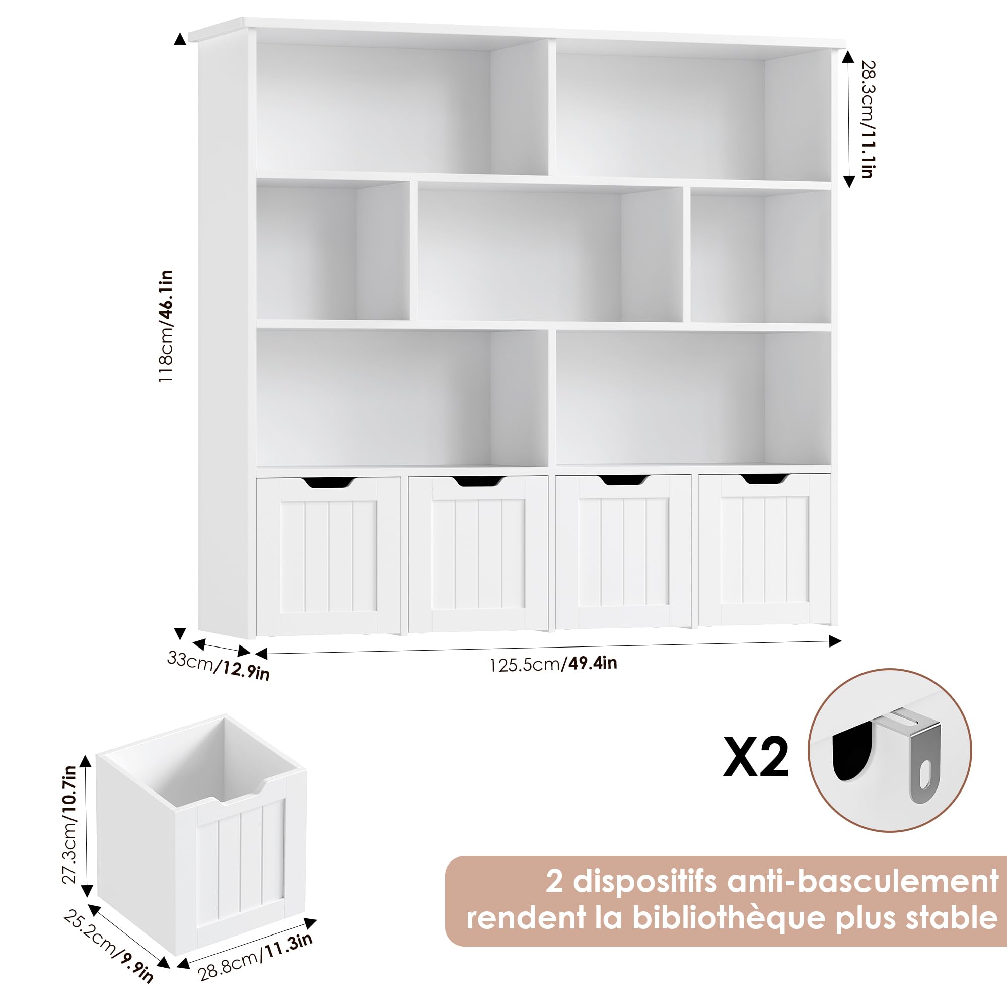 FOREHILL Meuble de Rangement Enfant Bibliothèque Enfant avec 8 Étagères 4 Tiroirs Roulants Rangement Jouet pour Chambre d’Enfant Salle de Jeu 125.5x33x118cm Blanc