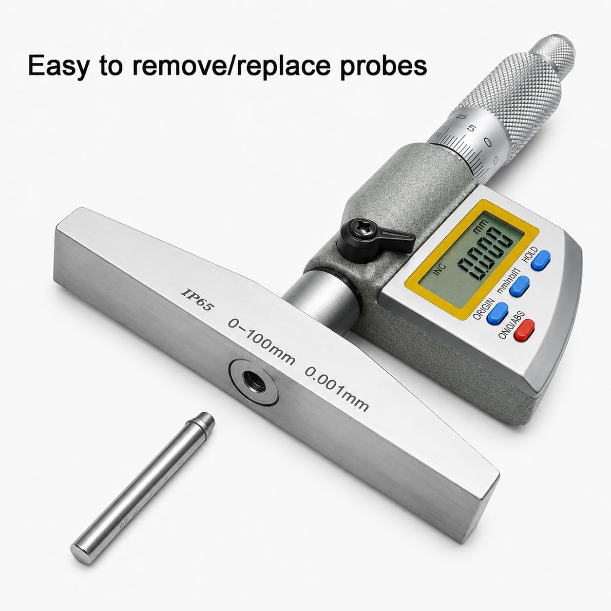 Medidor de profundidad digital IP65 con resolución de 0,001 mm y rango de medición de 0 a 100 mm.