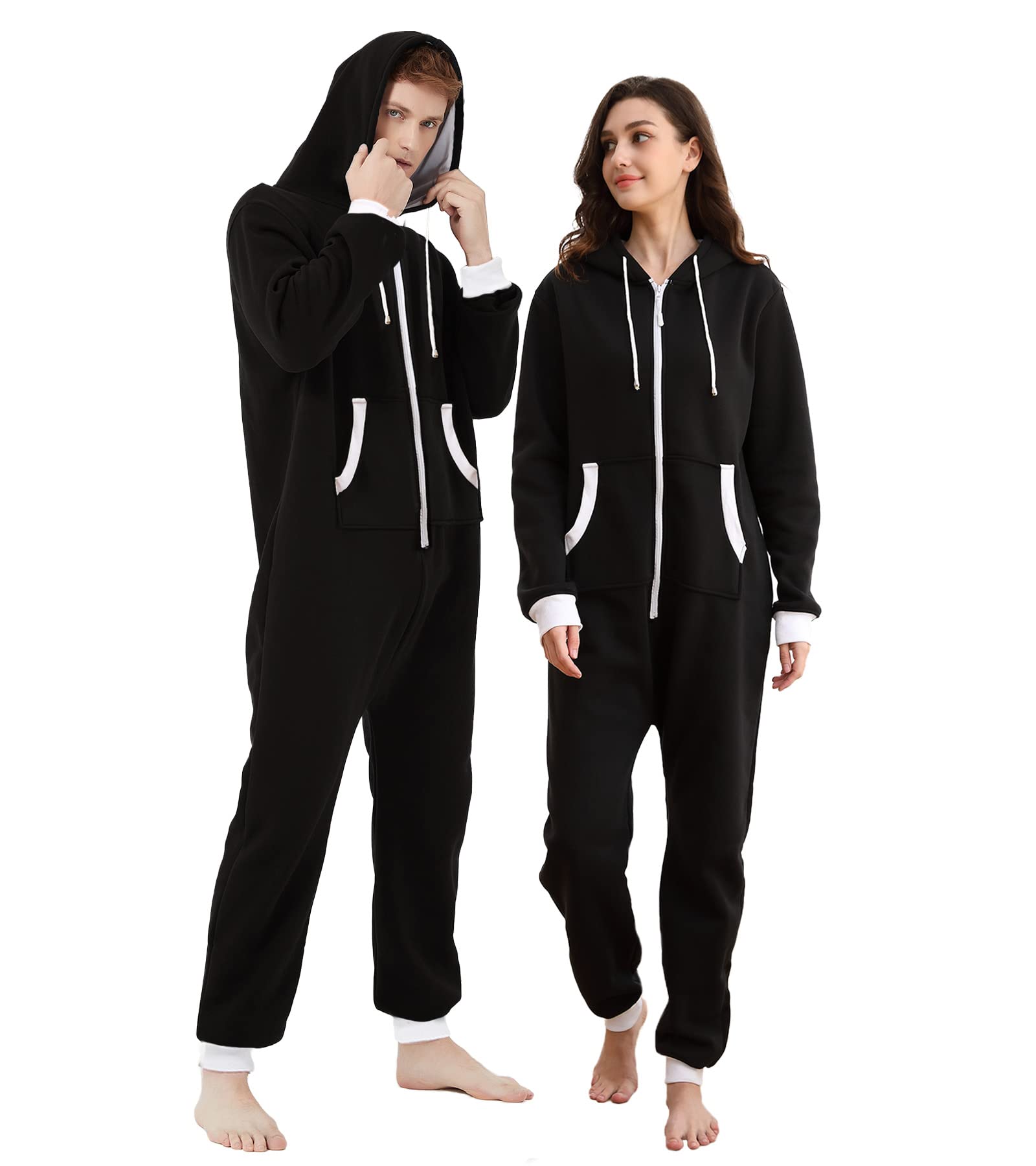 Dodheah Combinaison Pyjama Femme Grenouillères a Capuche Hommes Onesie Adulte Zippé Noël Loungewear Chaud Hiver Jumpsuit
