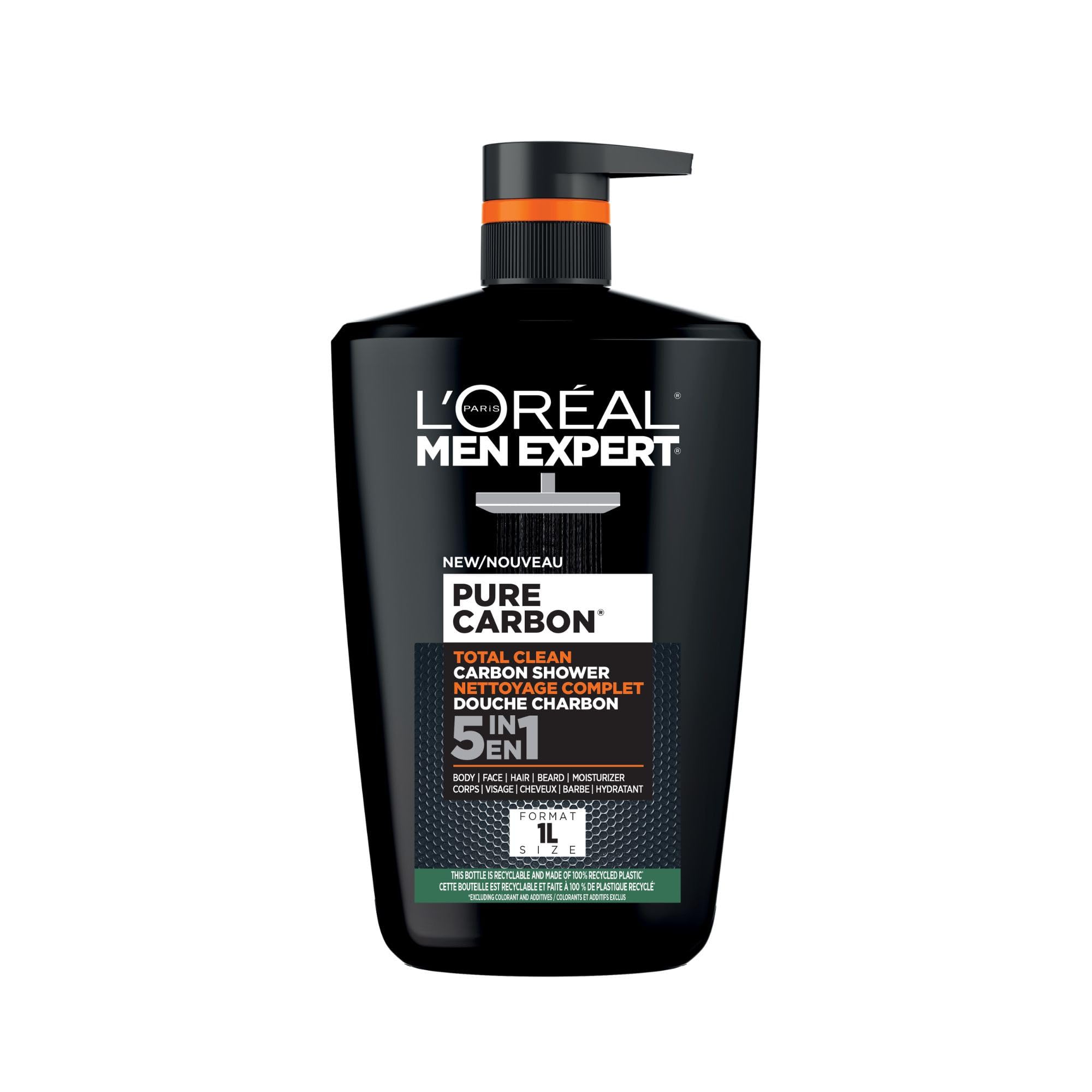 L'Oréal Paris Men Expert Pure Carbon XXXL Shower Gel, Men's Charcoal Body Wash for Body, Face, Hair & Beard, Purifying & Fresh Feeling Effect, 1 Litre