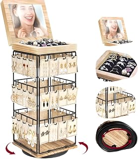 4-Tier 360° Rotating Earring Display Stand for Vendors, Rustic Wood & Metal Jewelry Organizer Rack with Top Mirror & Velvet Tray, Necklace & Bracelet Holder, Tabletop Craft Fair Boutique