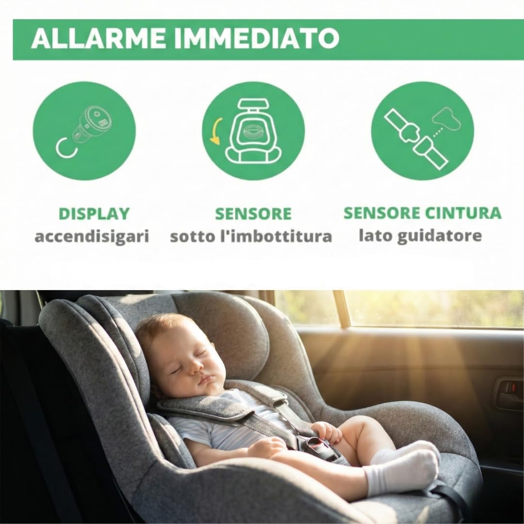 BABY BELL PLUS EDIZIONE 2025, Dispositivo antiabbandono auto, Anti abbandono seggiolino auto, Universale, con batterie nuove a lunga durata, Nuovo modello massima sicurezza