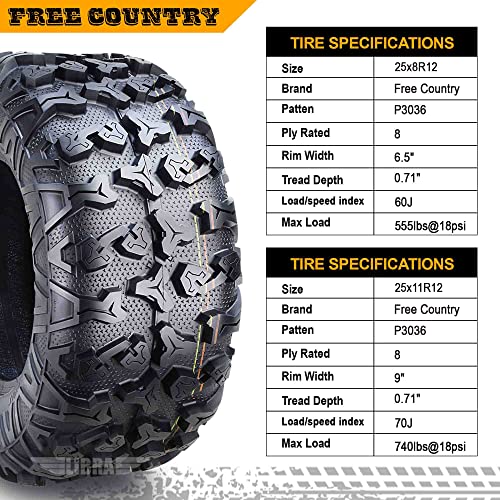 Free Country Set 6 HD 8PR Radial UTV ATV tires 25x8R12 Front & 25x11R12 Rear w/Featured Full Side Lugs/Scuff Guard