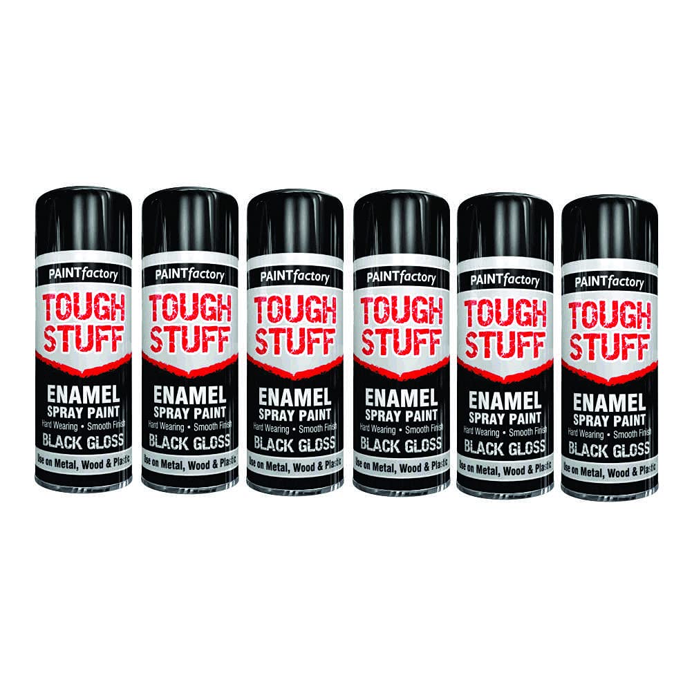 6 x Enamel Black Gloss Tough Stuff Spray Paint for Metal Wood Plastic 400ml