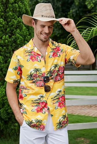 Damipow Hawaiian Shirt for Men Short Sleeve Beach Vacation Shirt Floral Summer Casual Button Down Shirts,Yellow Car,3XL — view 2