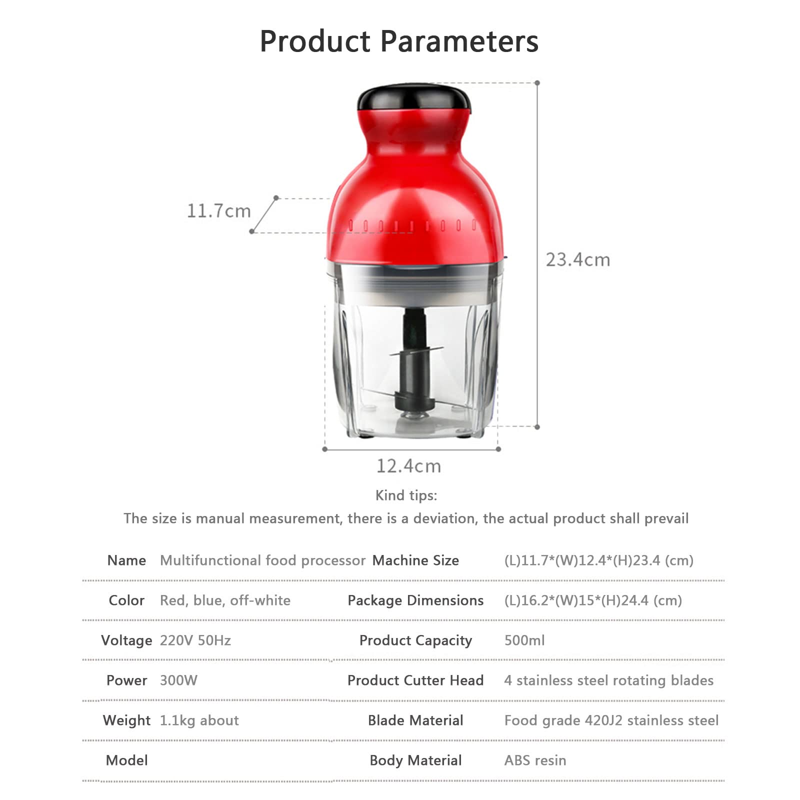 Frullatore Tritatutto Elettrico con Ciotola Vetro/Acciaio Inoxà, 500ML Tritatutto da Cucina Elettrico, Lama in Acciaio Inox a Quattro Taglienti, Tritacarne Miniper Frutta,Verdura,Spezie,Off white