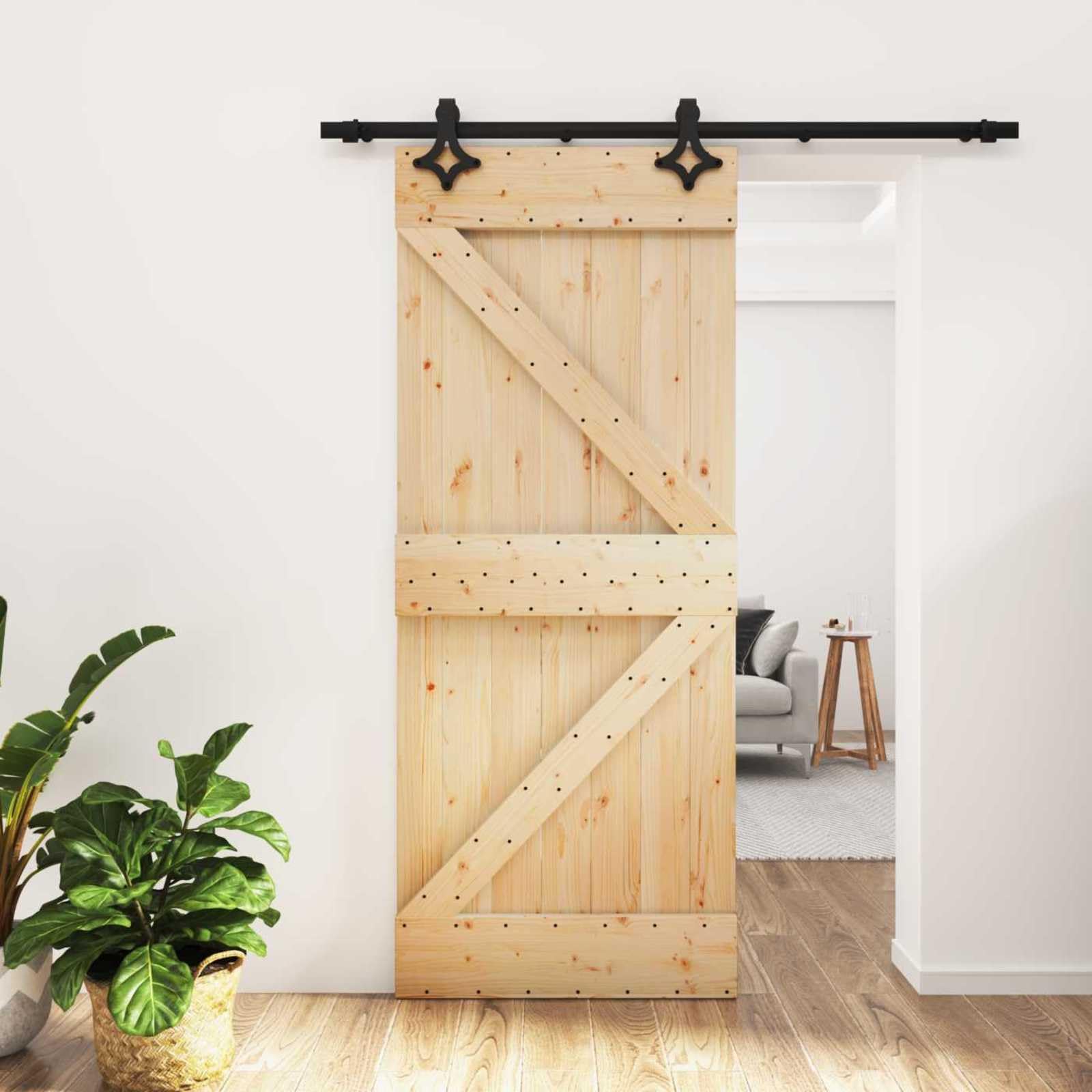 Puerta corredera madera pino 183 x 210 cm | Guía superior de acero, diseño ahorra espacio, kit completo, solo uso interior