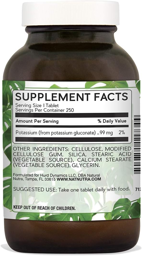 Natural Nutra Elemental Potassium Gluconate Dietary Supplement, Energy and Nervous System Health, Blood Sugar Levels, Helps Alleviate Muscle Cramps, Promotes Heart Health, 99 mg, 100 Vegan Tablets : Health & Household
