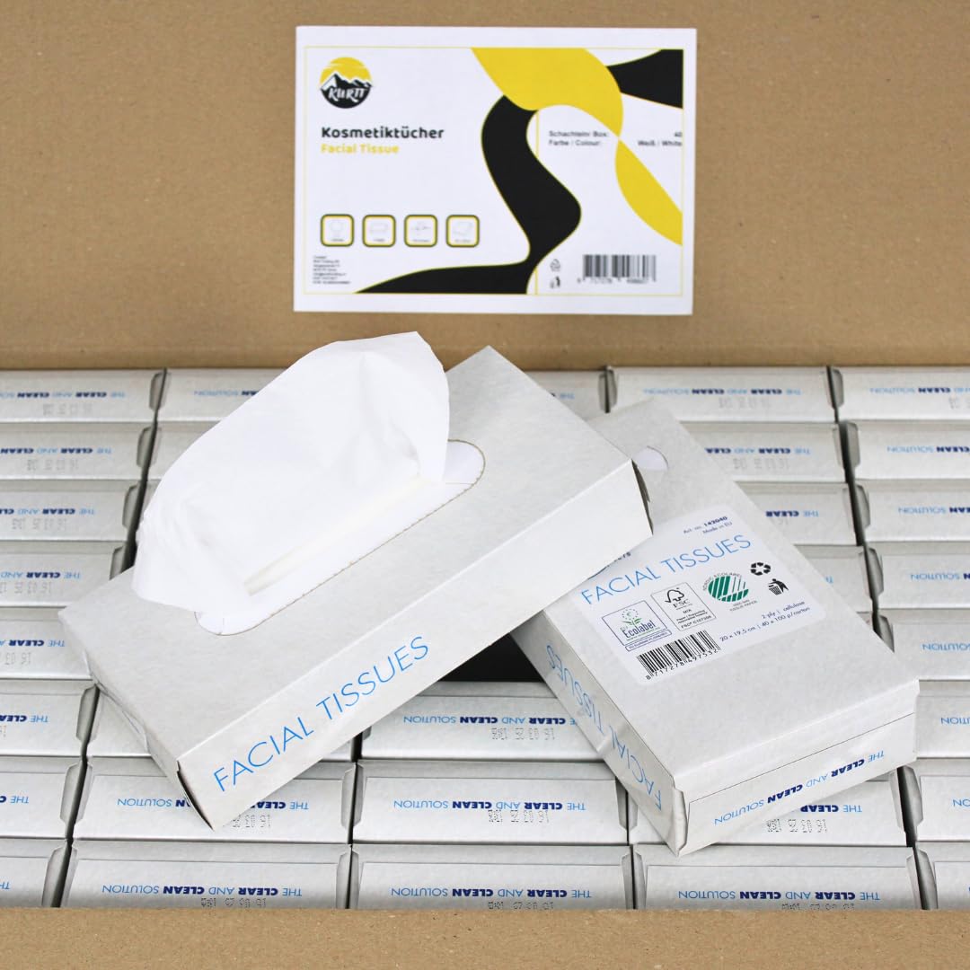 KURTT Kosmetiktücher (4.000 Stück) 2-lagig Taschentücher im Karton, Cellulose Papiertaschentücher, 40 Boxen x 100 Gesichtstücher, mit FSC und EU Ecolabel
