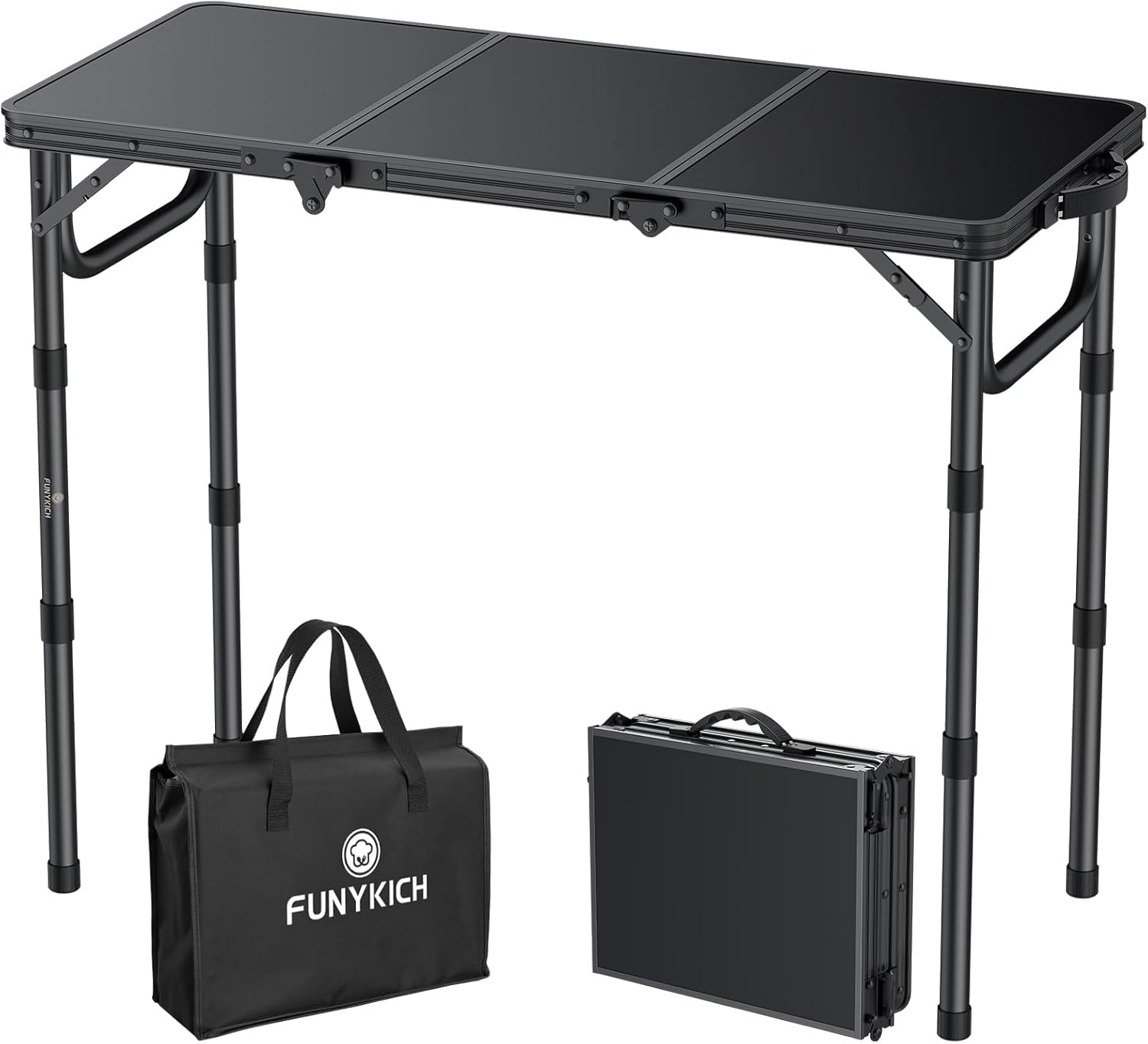 FUNYKICH 3ft Camping Folding Table with 3 Adjustable Height, Portable Small Folding Tables 34.2'' Lx15.7'' W, Lightweight Aluminum Beach Table with Carry Handle for Camping, Backyard BBQ, Picnic Black L34.2"xW15.7"