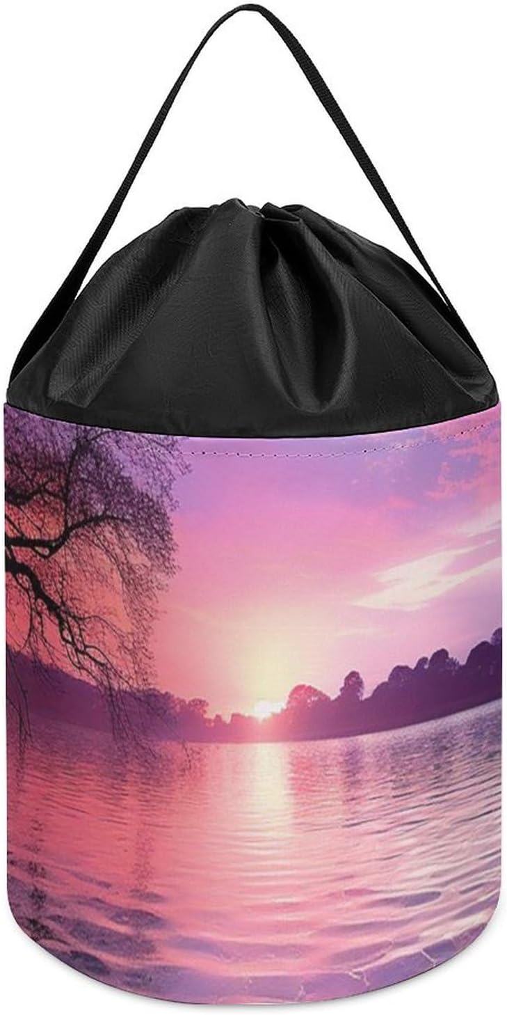 Trendy-floral-print Toy Storage Drawstring Tote Bags Purple Sunset on Water Printed Large Toy Storage Bags Foldable Storage Bin