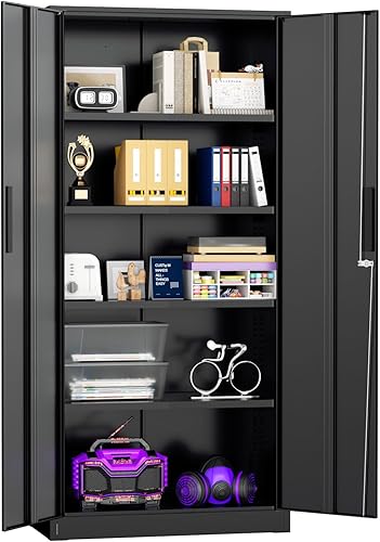 Superday Armario de almacenamiento con cerradura, armarios de almacenamiento de garaje de 71 pulgadas con cerradura, gabinete de metal negro con 2