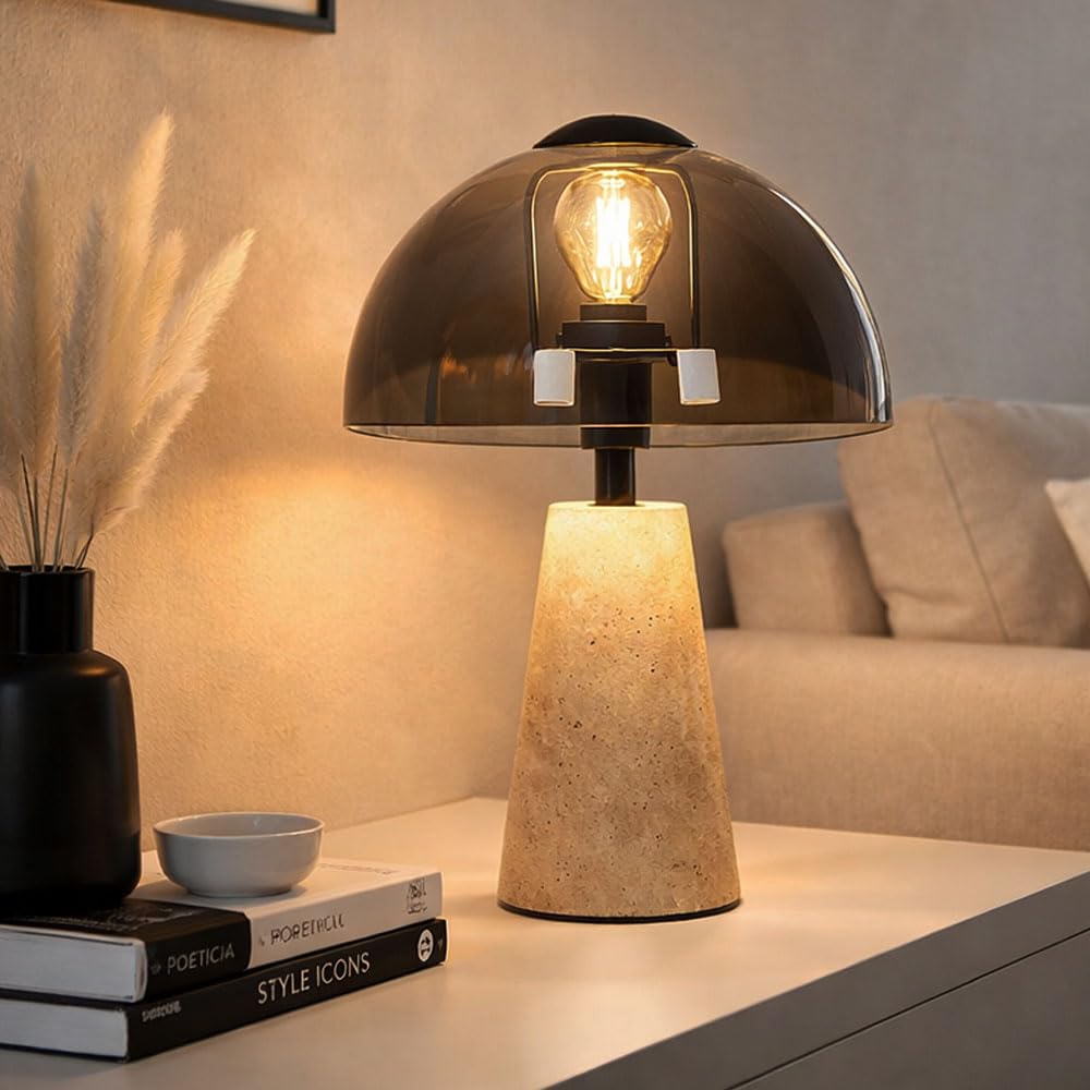 Tischlampe Travertine Stein grau Nachttischlampe Rauchglas Pilz Tischleuchte Wohnzimmerlampe, 1x E14, DxH 20 x 31 cm