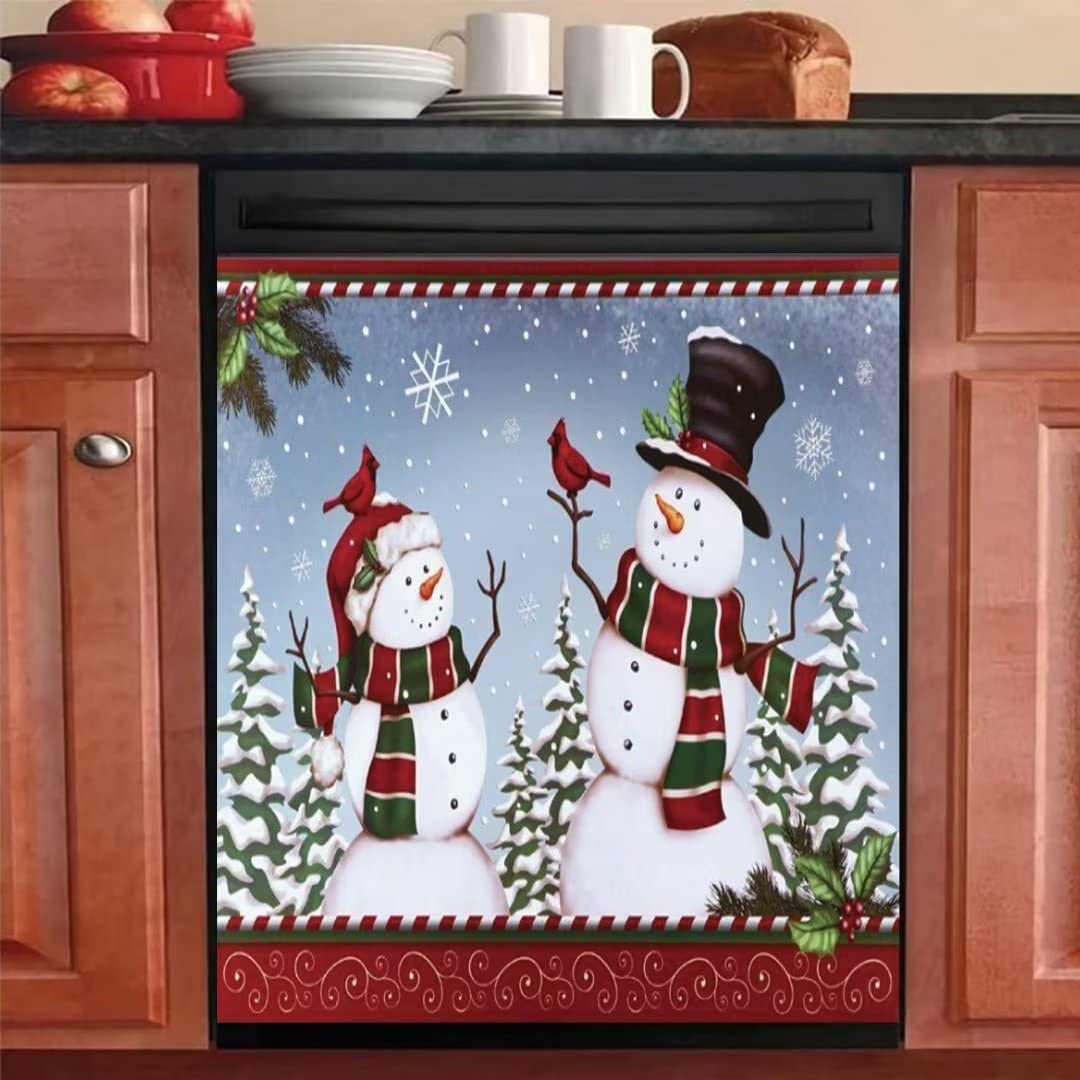 YOURKEY Flower Snowman Kitchen Decorative Dishwasher Magnet Cover,Birds Dish Washer Front Door Sticker,Merry Christmas Refrigerator Magnetic Cover,Winter Snow Decor Home Cabinet Panel Decal,23'Wx26'H
