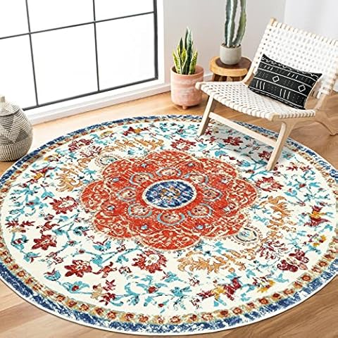 HEBE 4Ft Boho Area Rug Machine Washable Bohemian Floral Bathroom Rug Soft Mandala Accent Throw Rugs Circle Kitchen Hallway Floor Mat Carpet for Bedroom Sofa Living Rooom Cover