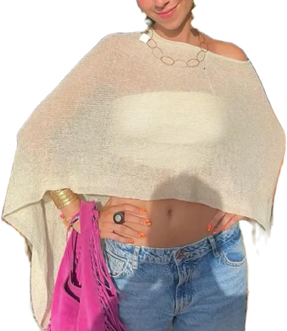 Women Sheer Knit Poncho Shrug Lightweight One Shoulder Pullover Top Asymmetrical Hem Cover Up Crochet Shawl
