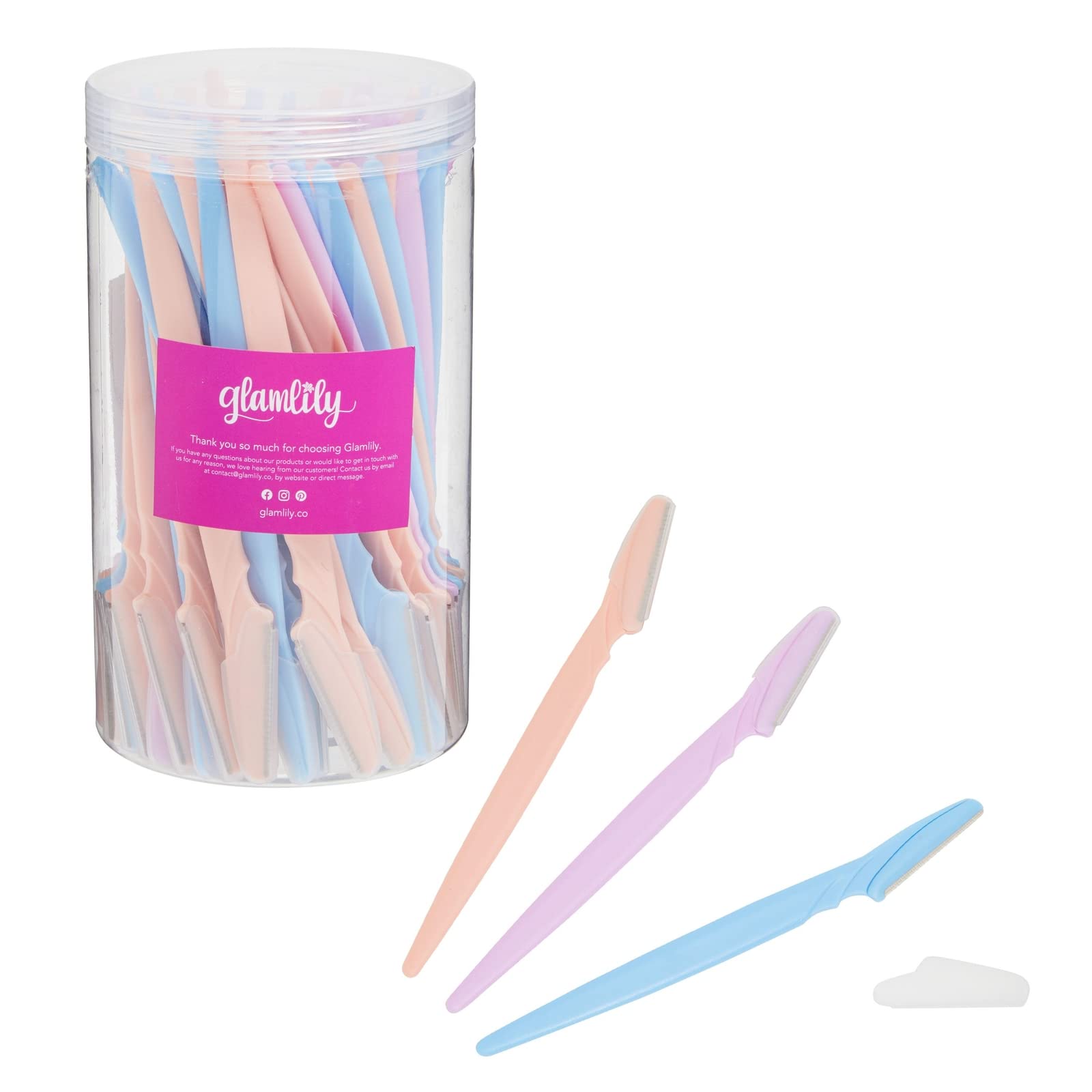 Glamlily Facial Dermaplaning Tool - Quick Facial Hair Removal & Peach Fuzz Remover - Precision Dermaplane Razor & Eyebrow Razor - Bulk Blades & Face Shaver Pack - Pack of 60, Purple/Blue/Peach Purple, Blue, Peach