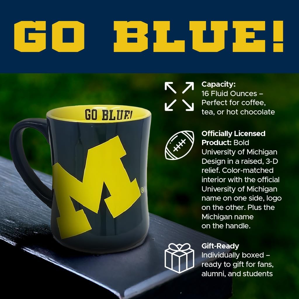 Michigan Wolverines Ceramic 16oz Relief Mug – Official 3D Logo Coffee Cup – Handwash Recommended – Individually Boxed - Image 2
