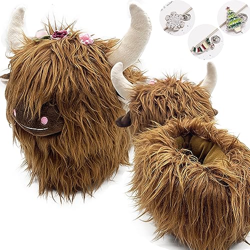 Kapley Scottish Cow Slippers - Plush, Soft and Warm Home Indoor Slippers with Flowers