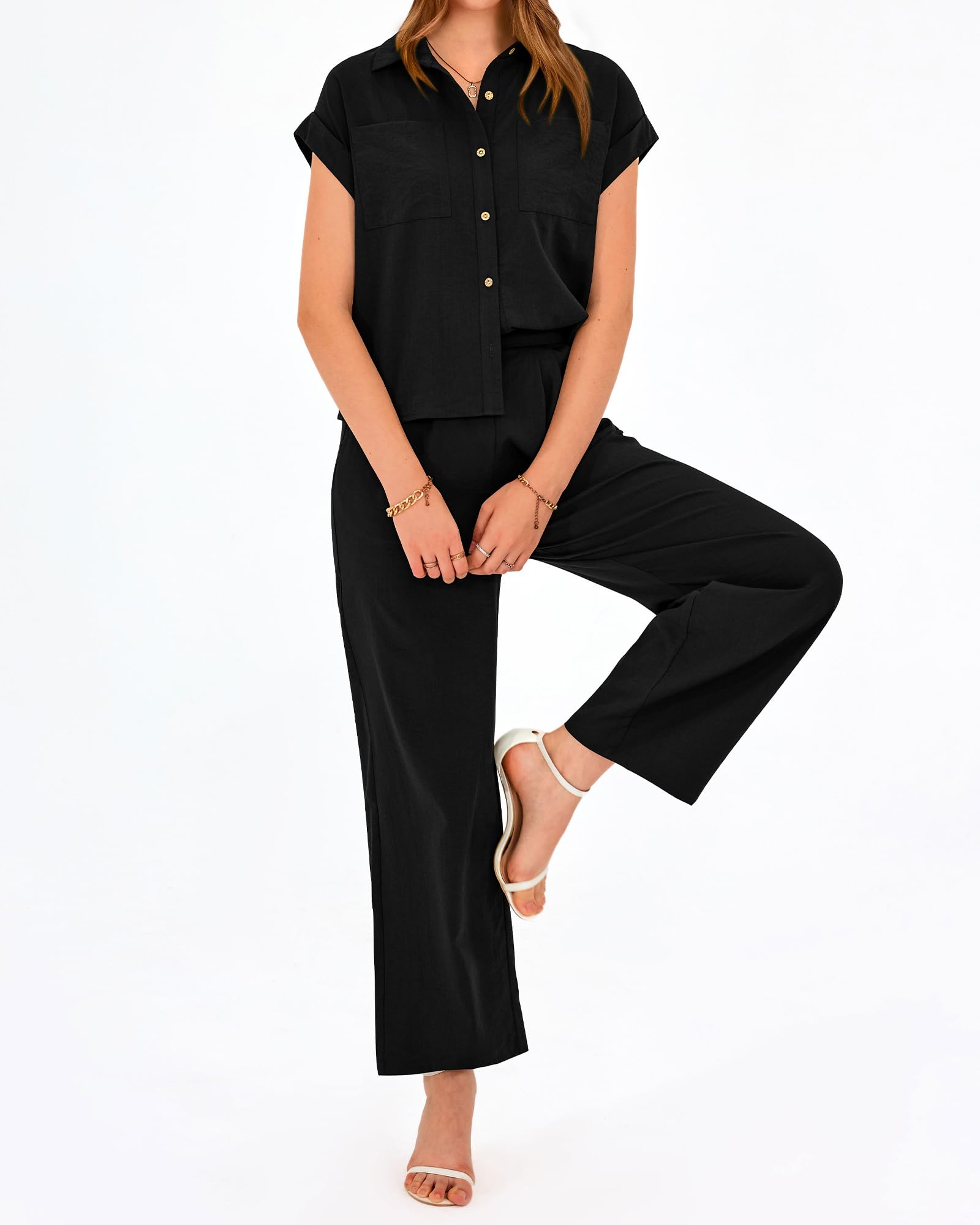 PRETTYGARDEN - Conjunto de 2 piezas para mujer, manga casquillo, pantalones palazzo, elegante, casual, vacaciones, viajes, trajes deportivos