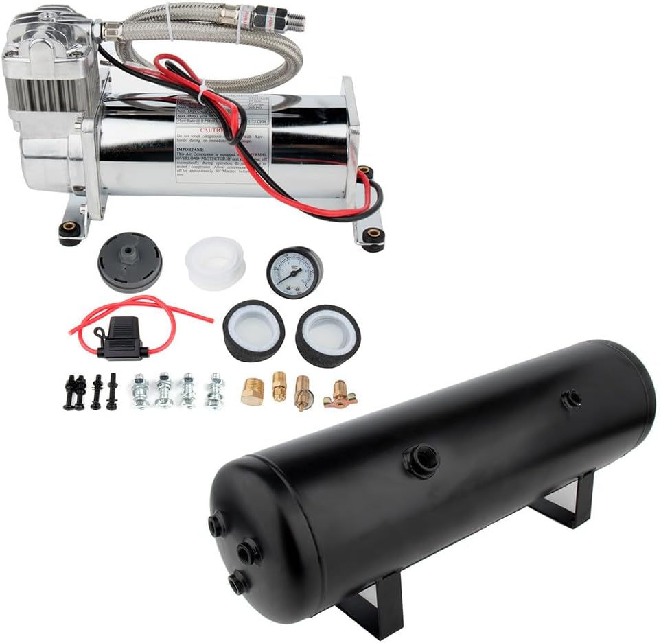 Onboard System Kit with 3 Gal (12 Liter) Train Air Horn Tank with 200 PSI Air Compressor for Car Train Truck Horn
