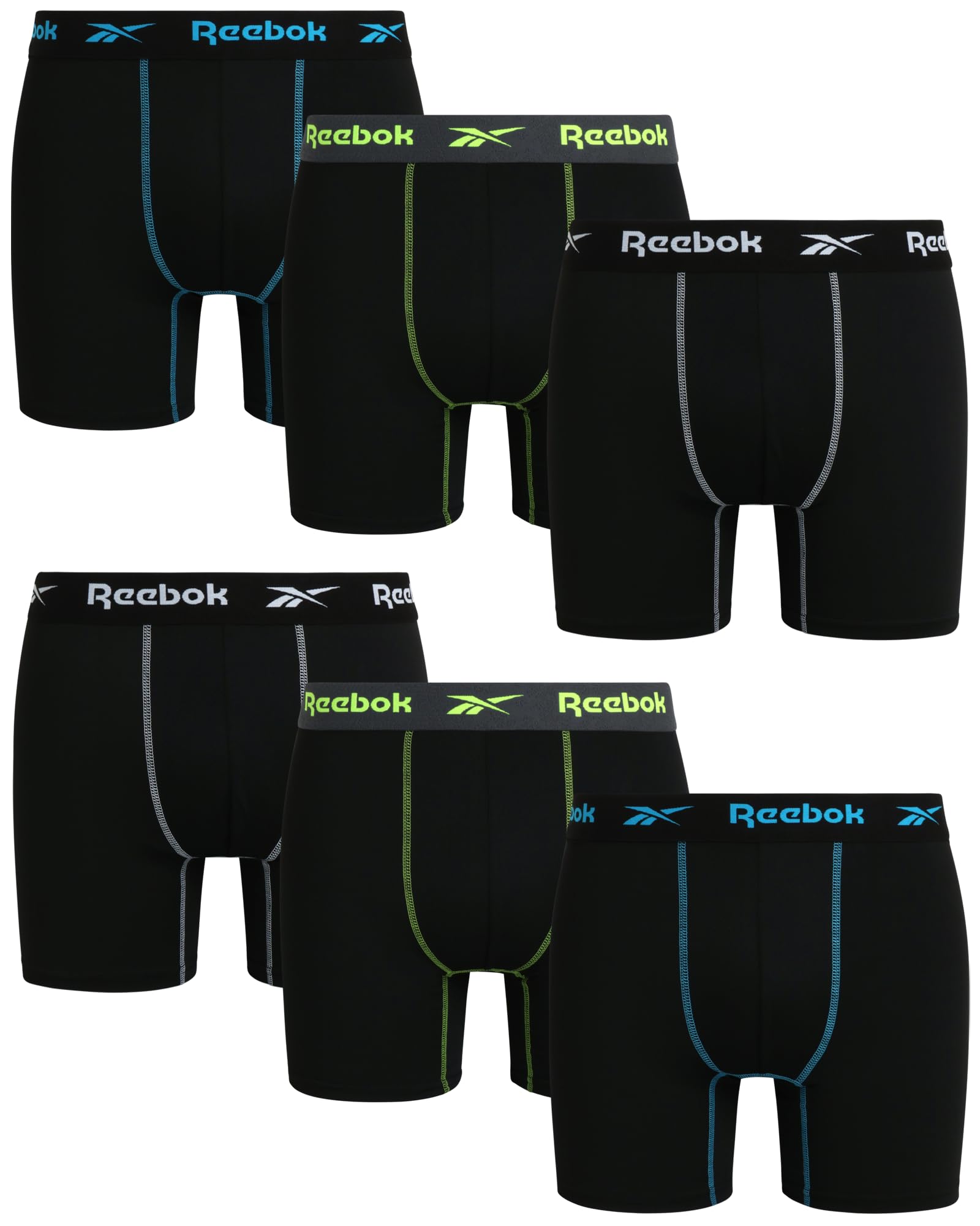 Reebok Mens Boxer Briefs - 6 Pack Athletic Stretch Moisture Wicking 6” Inseam Mens Underwear Boxer Briefs with Contour Pouch