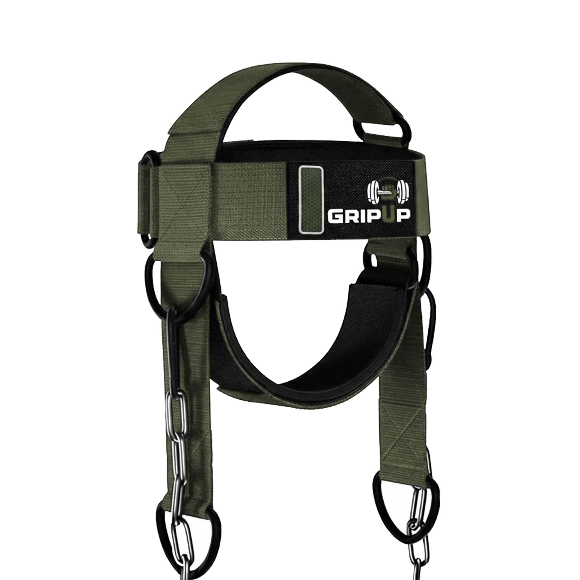 GripUp Neck Harness Weight Lifting Head harness Strap with D-Hook Adjustable Steel Chain Neck Builder Exercise Boxing Training Strengthener Resistance Gym Workout Injury Recovery (Green, One Size)