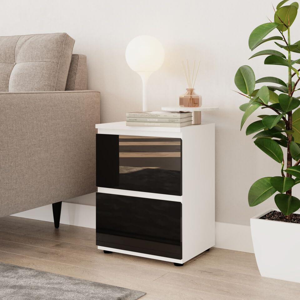 URBNLIVING 49cm High Gloss Bedside Table 2 Drawers Bedroom Storage Cabinet with Smooth Metal Runner Modern Dresser Bedside Chest of Drawers for Bedroom Living Room Office — image 1