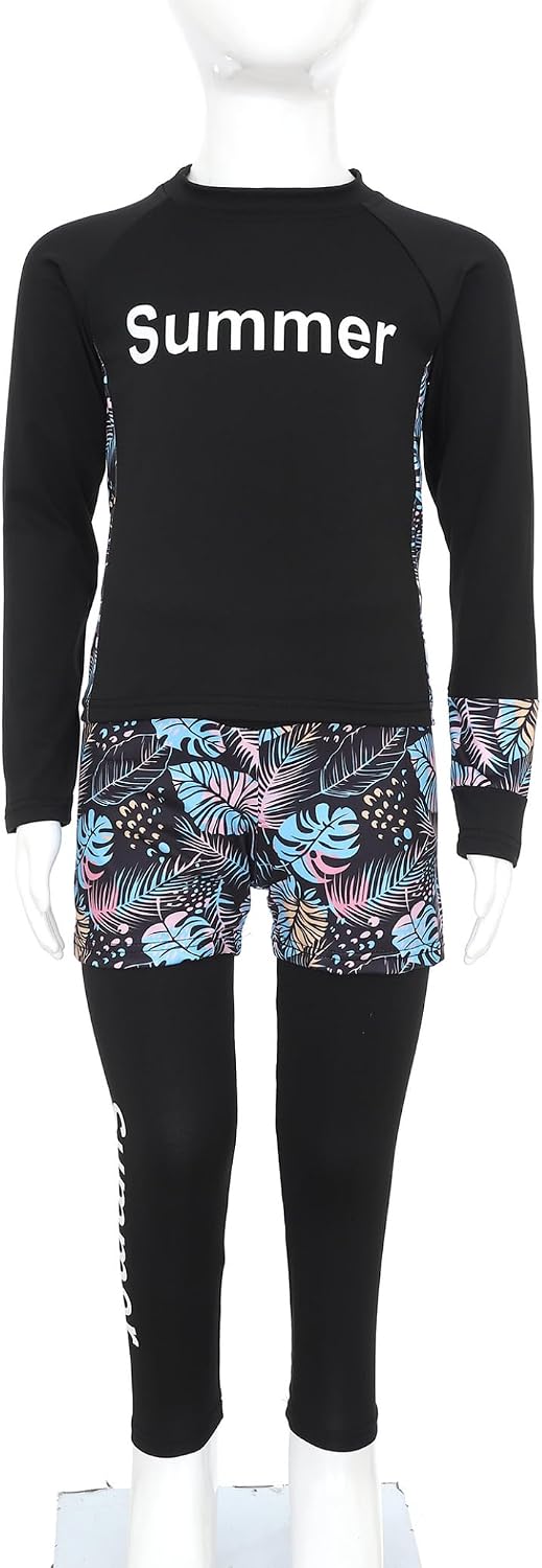 Big Boys Girls 3 Piece Rash Guard Set Long Sleeve Swim Shirt with Leggings Shorts UPF 50+ Swimsuit