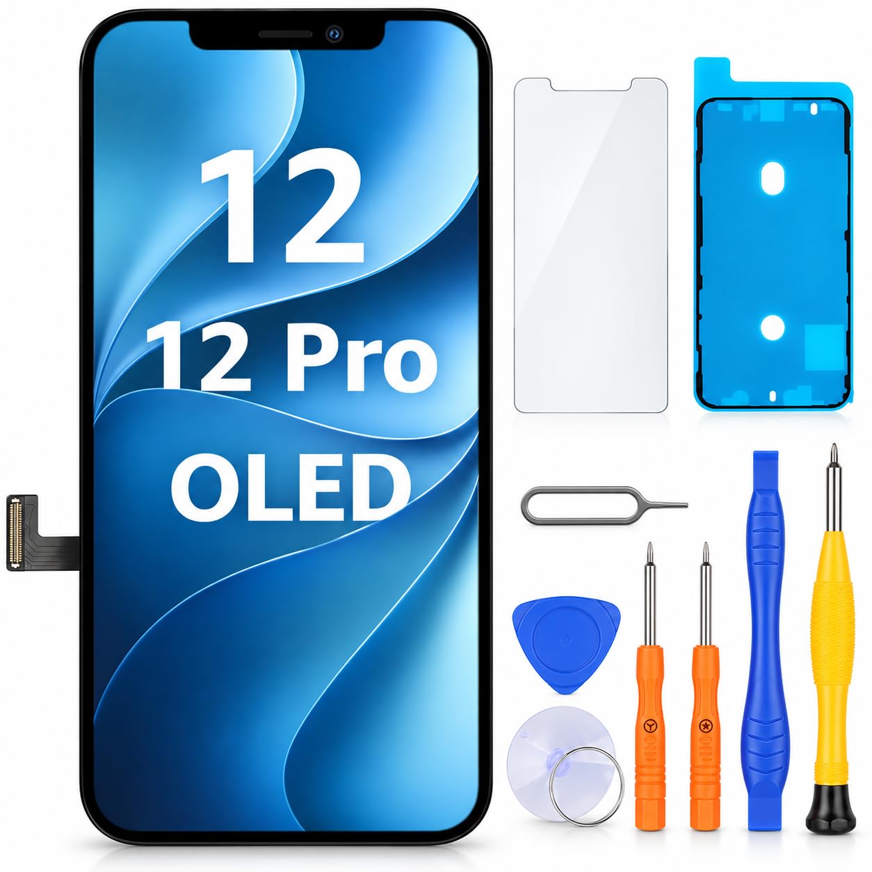 LL TRADER Schermo per iPhone 12/12 Pro OLED 6,1'' e Kit di Riparazione | Display FHD con 3D Touch e Digitalizzatore, Dotato di Nastro Adesivo Impermeabile e Pellicola Protettiva