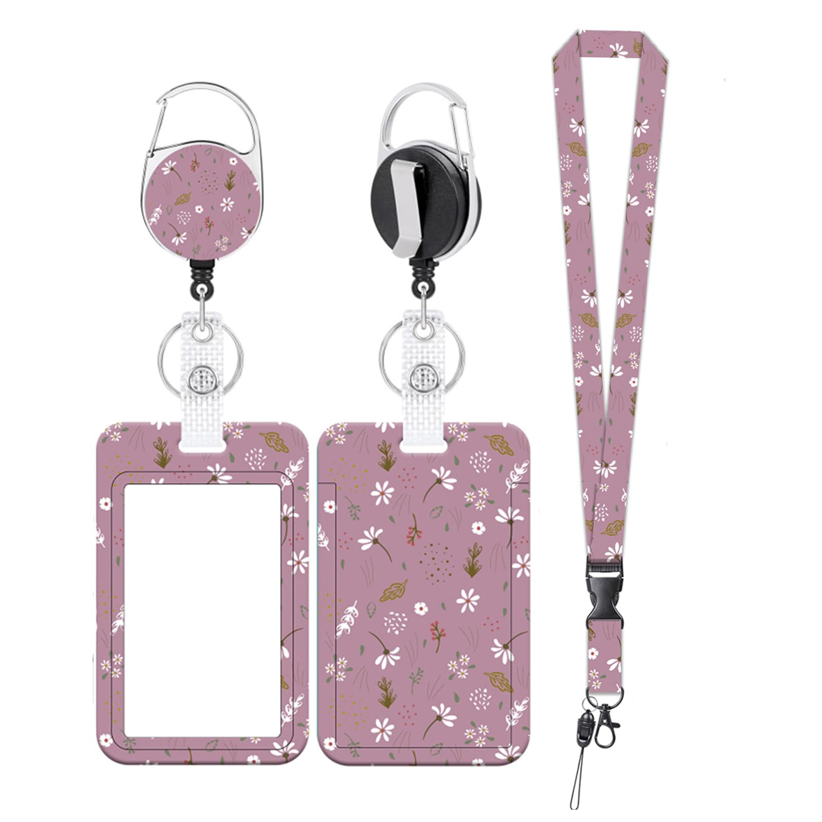 Retractable Flower Badge Holder, Sliding ID Card Case Protector with Carabiner Clip, Vertical Plastic Card Holder for Office School Nurse Teacher Student ID Access Key (Style 1)