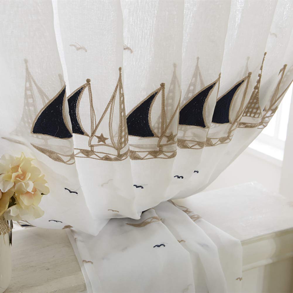 Kinder Vorhang Transparent Jungen Mädchen Segelboot Muster 140x160 Kurz Voile Vorhäng Gardine Kräuselband Fensterschals Lichtdurchlässige Babyzimmer