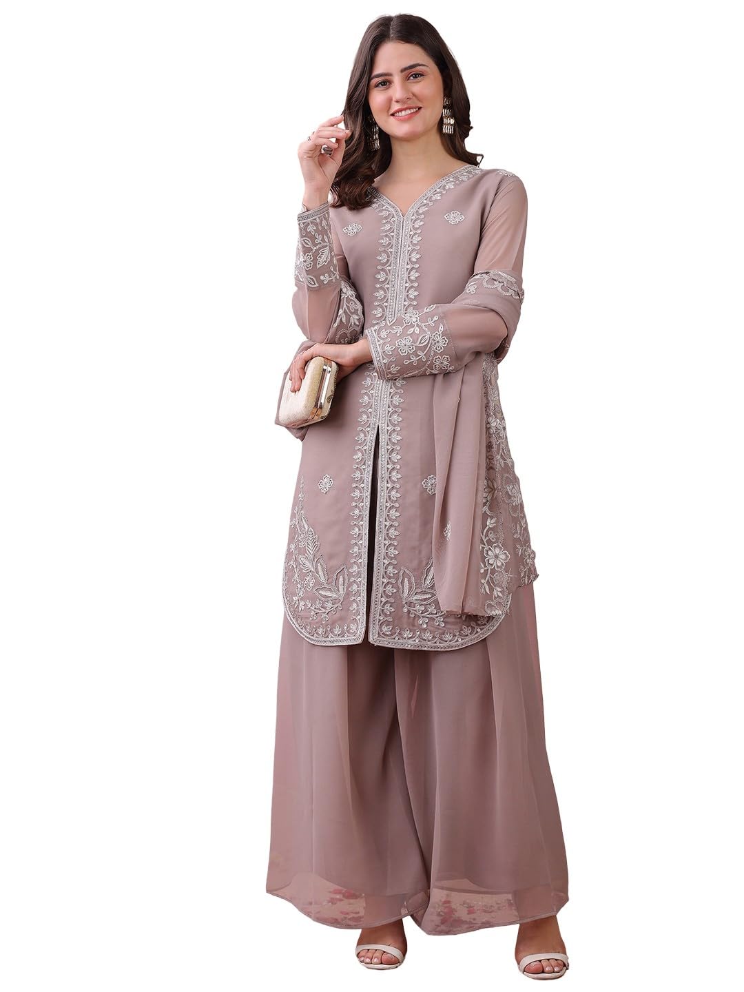 Women's Ethnic Motif Embroidered Kurta with Sharara & Dupatta, High-Slit, Sequined, Festive & Wedding Suit-picture-46
