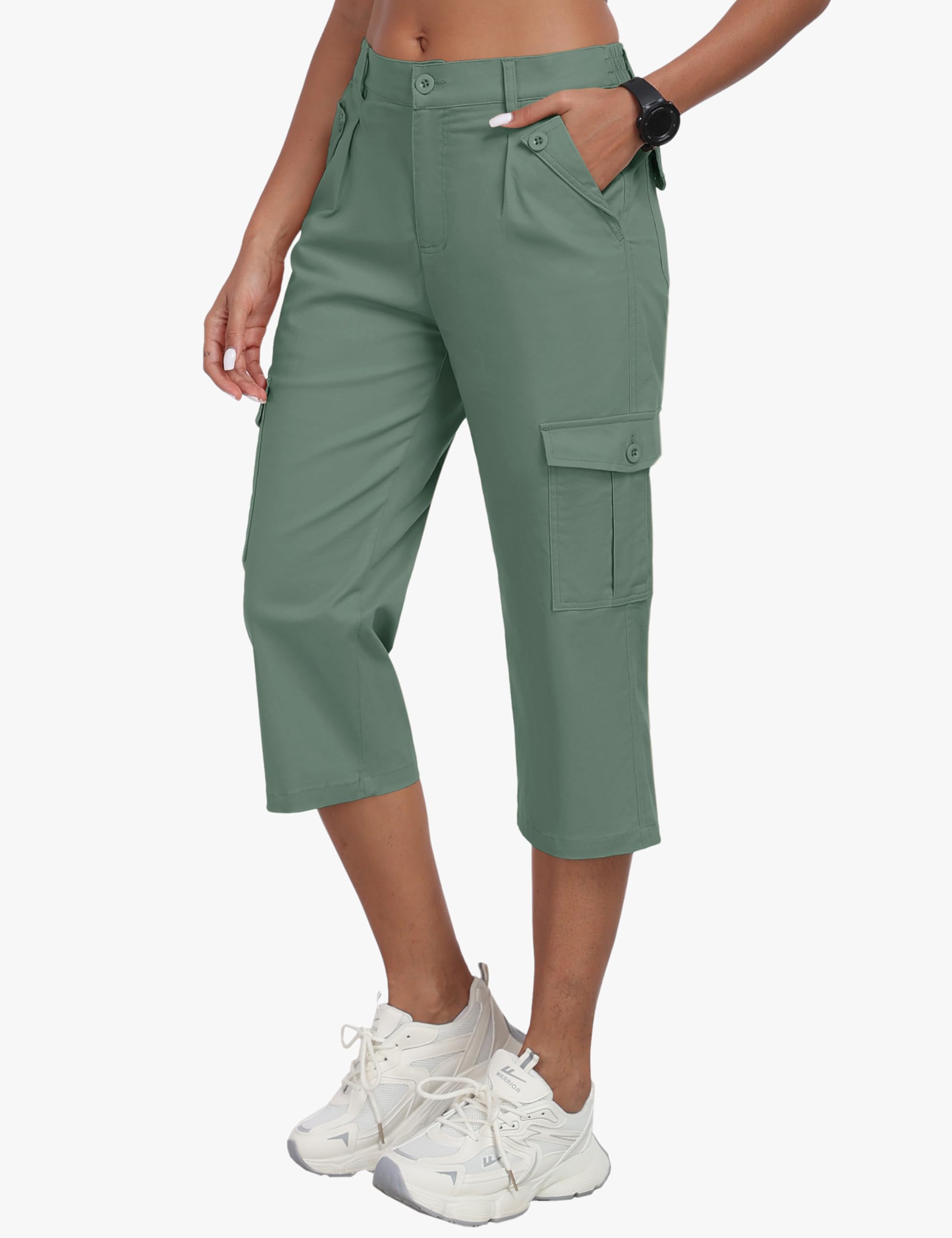 MoFiz Pantalon capri cargo pour femme avec 6 poches en coton léger pour randonnée, voyage, été, capri pour femme