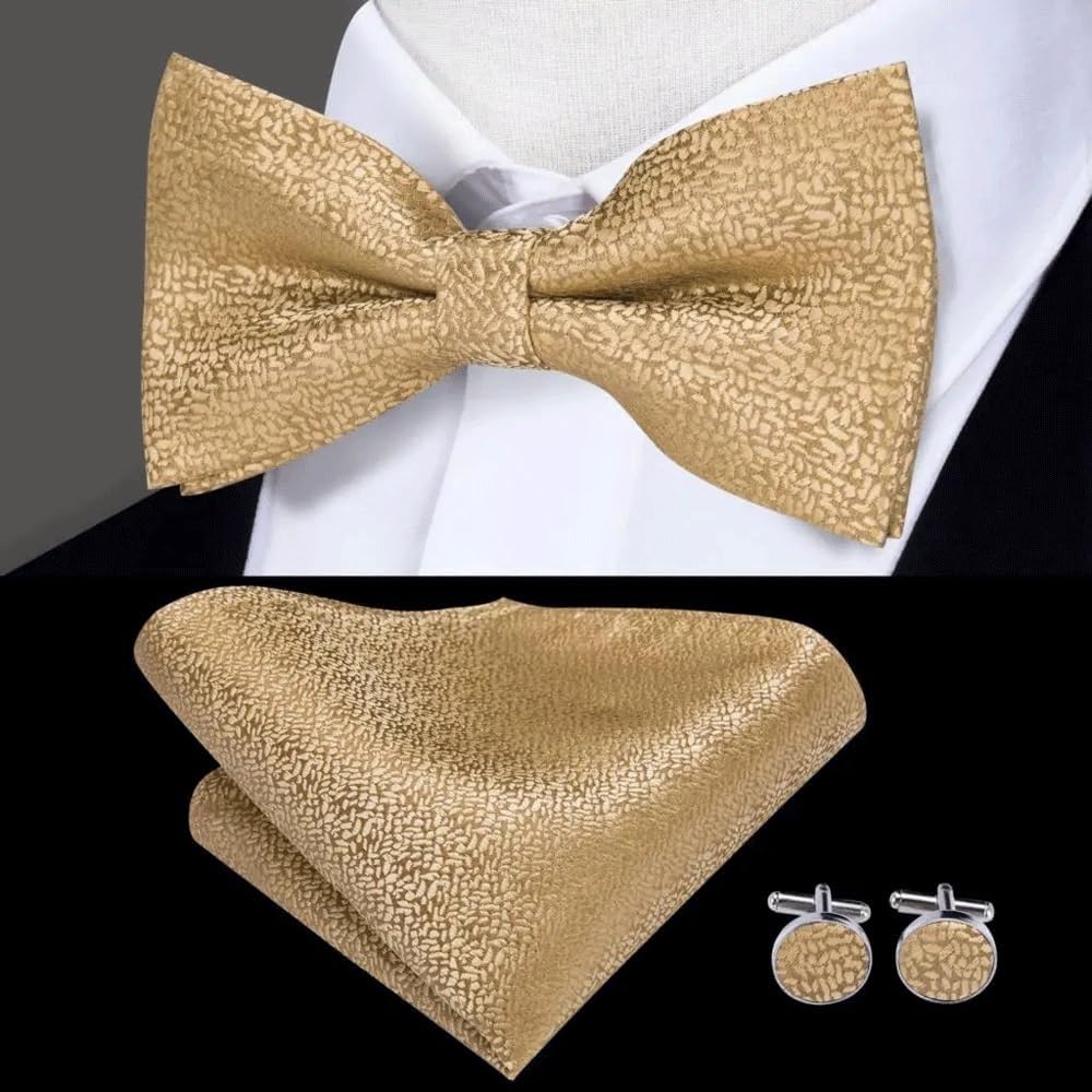 Striped Bow Ties Silk Self Tie Pocket Square Cufflinks Set Wedding Gift