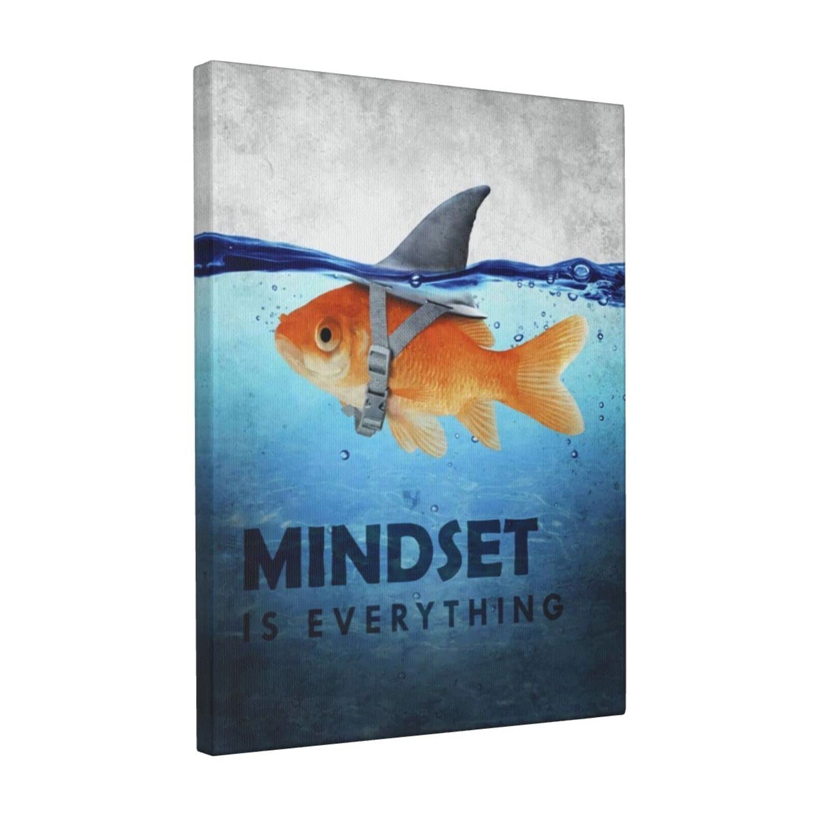 Mindset is Everything Canvas Wall Art Motivational Gifts Shark Goldfish Poster Print Inspirational Quotes Pictures Artwork for Living Room Office Decor Ready to Hang 12x16 Inches