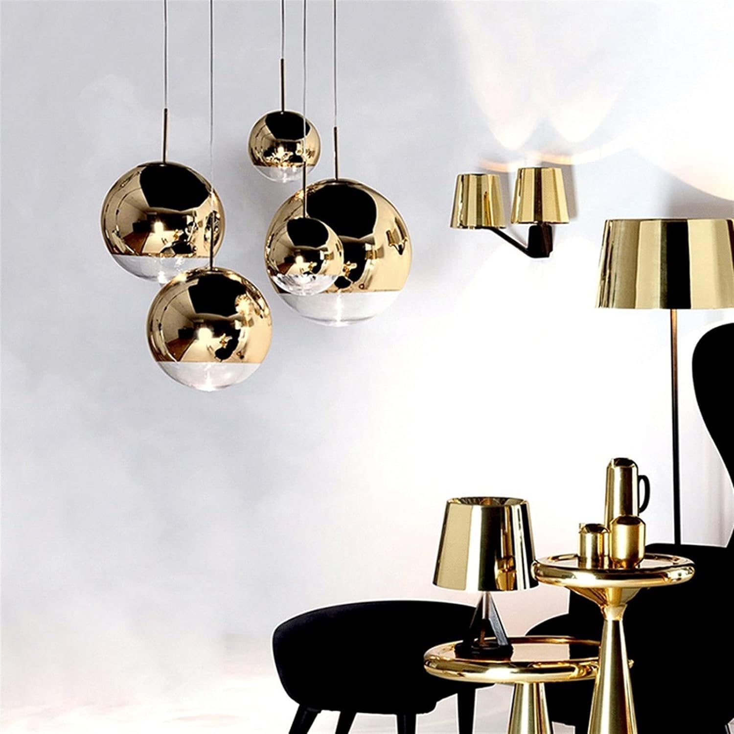 Lampa wisząca LED z kulą lustrzaną, oprawka E27 regulowana, dekoracyjna lampa na schody, biurko lub bar (złota, 35 cm)