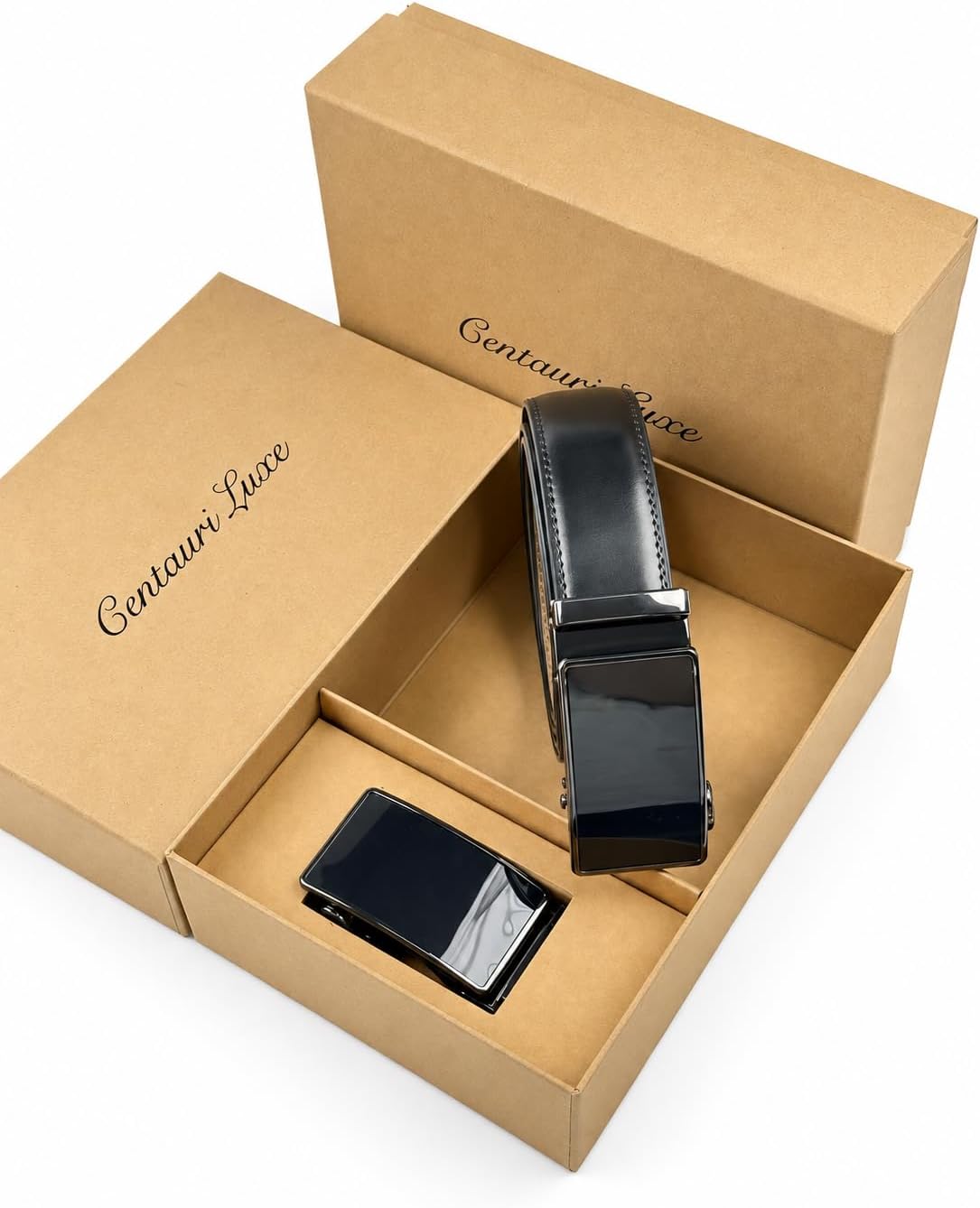 Men's Luxury Belt, Black and Brown Leather Strap with Automatic Buckle, Gift Box Included