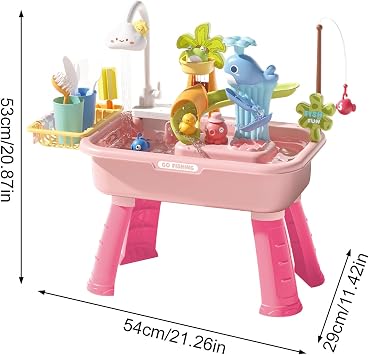 Kids Water Table with Pump & Running Water, 4-in-1 Play Sink Fishing Toy, Outdoor Water Play Table with Adjustable Legs, Sensory Educational Toys for Boys Girls Ages 3-8 (Pink)