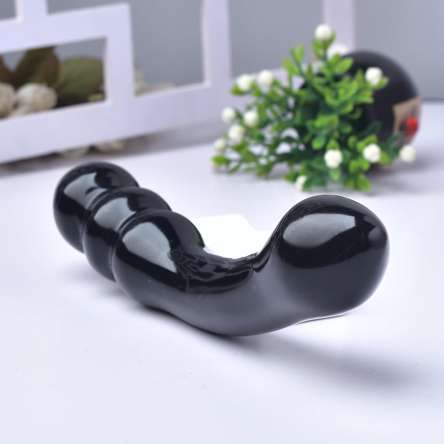 Natural Black Obsidian Crystal Curved Yoni Wand, Polished Healing Stone, 7.08 Inch Length, 1.37 Inch Width