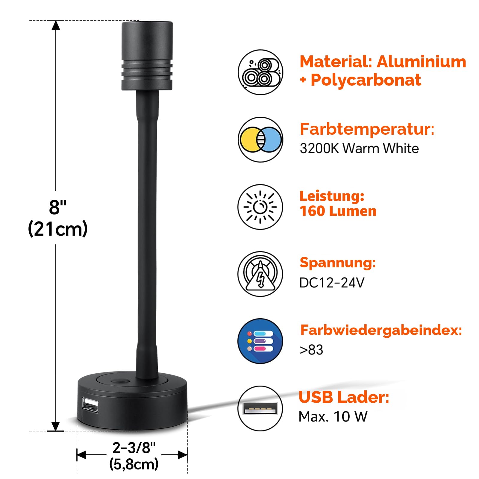 LED Leselampe 12V Dimmbar Schwanenhals USB-Anschluss Wandlampe 2 Stück DC 12V-24V Spot für Boot Wohnwagen Yacht