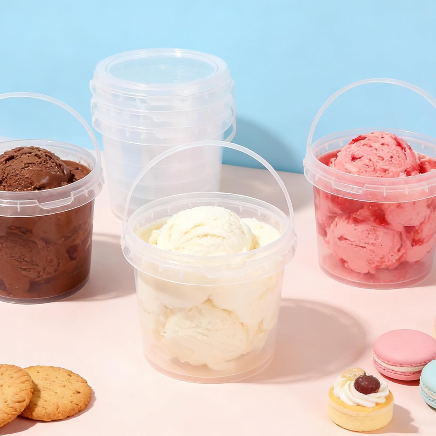 20 Sets 32 oz Ice Cream Buckets with Lids and Handles Clear Plastic Cocktail Rum Drink Buckets Reusable Food Storage Containers Ice Cream Tub for Parties