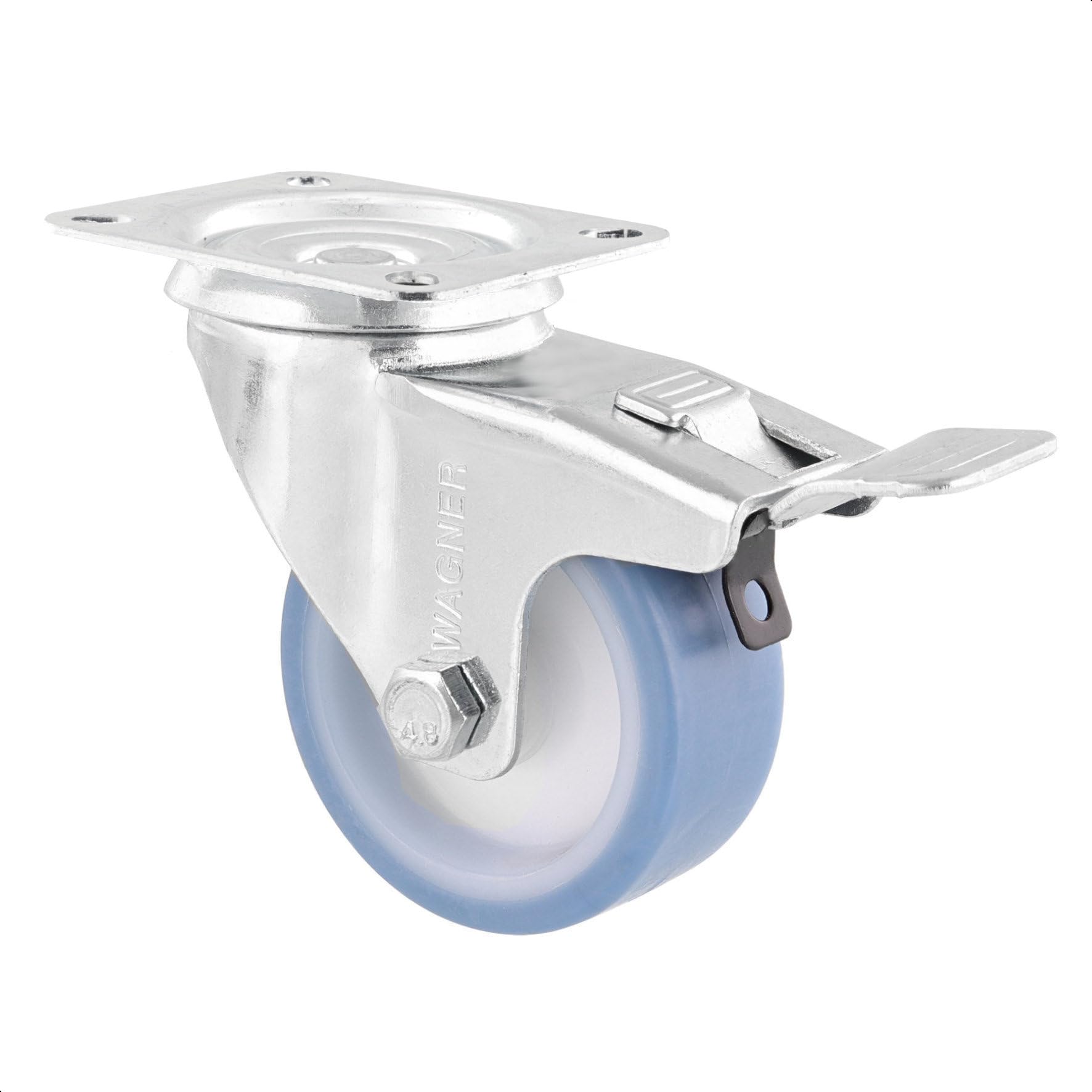 Roulette pivotante souple Wagner 100 mm avec plaque de fixation et blocage pour charge 70 kg