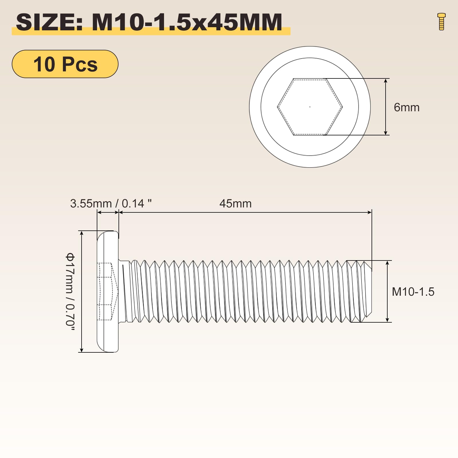 METALLIXITY Flat Head Hex Socket Cap Screws Bolts(M10-1.5x45) 10Pcs, 304 Stainless Steel Hex Socket Furniture Bolts Screws - Image 2